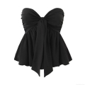Women's Sexy Black Bandeau Top Polyester Spandex Large Bow Smocking Back Tie-up Flared Hem Peplum Top For Party Date Night Out Casual Chic Summer Wear