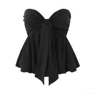 Women's Sexy Black Bandeau Top Polyester Spandex Large Bow Smocking Back Tie-up Flared Hem Peplum Top For Party Date Night Out Casual Chic Summer Wear