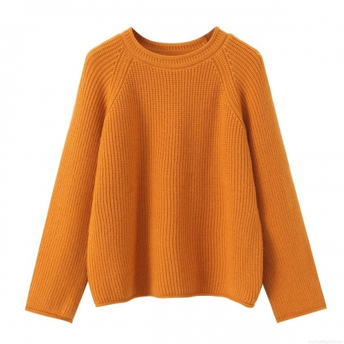 Women's Casual Pullover Sweater Chunky Knit Solid Color Round Neck Orange Ginger Long Sleeve Soft Warm Loose Knitwear Top For Autumn Winter Ladies Clothing