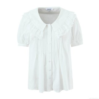 Women's Vintage White Lace Peter Pan Collar Blouse 100% Modal Cotton Short Sleeve Ruffle Button Down Shirt Sweet Elegant Summer Top For Women