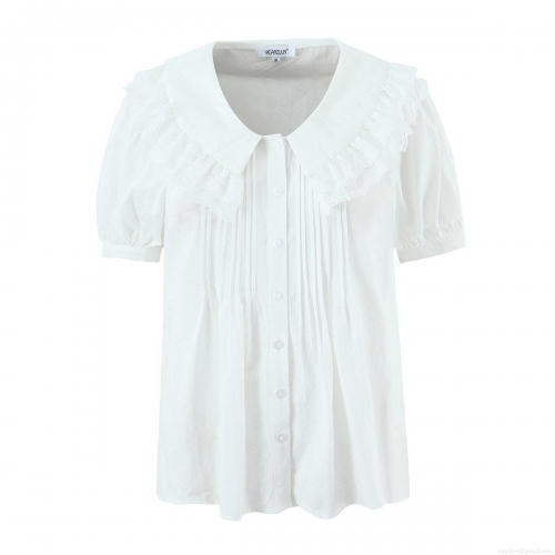 Women's Vintage White Lace Peter Pan Collar Blouse 100% Modal Cotton Short Sleeve Ruffle Button Down Shirt Sweet Elegant Summer Top For Women