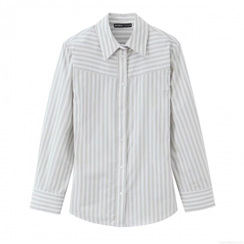 Women's Striped Long Sleeve Shirt Casual Loose Blouse With Shoulder Pads Fashion Button Down Polyester Top For Office Daily Ladies