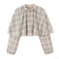Women's Fashion Plaid Cropped Blouse Polyester Lantern Sleeve Back Layered Mock Neck Top For Women Casual Elegant Sweet Plaid Top