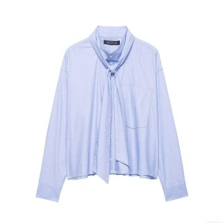 Women Elegant Pussy Bow Long Sleeve Blouse Polyester Solid Color Front Pocket Button Down Shirt Office Work Casual Tops Light Blue