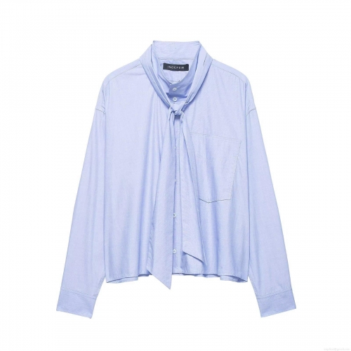 Women Elegant Pussy Bow Long Sleeve Blouse Polyester Solid Color Front Pocket Button Down Shirt Office Work Casual Tops Light Blue