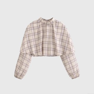 Women's Layered Cape Plaid Blouse Long Sleeve Mock Neck Pullover 100% Polyester Elegant Casual Plaid Top For Women