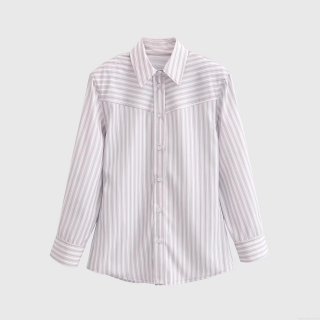 Women's Fashion Long Sleeve Vertical Striped Shirt Button Down Point Collar Blouse with Padded Shoulder Contrast Yoke Casual Office Workwear Polyester Gray White Striped Tops for Women