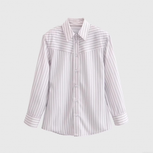 Women's Fashion Long Sleeve Vertical Striped Shirt Button Down Point Collar Blouse with Padded Shoulder Contrast Yoke Casual Office Workwear Polyester Gray White Striped Tops for Women