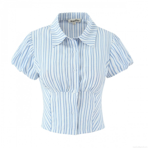Women's Blue White Striped Puff Sleeve Shirt Seersucker Short Sleeve Button Down Blouse Casual Summer Square Neck Top for Women Office Daily