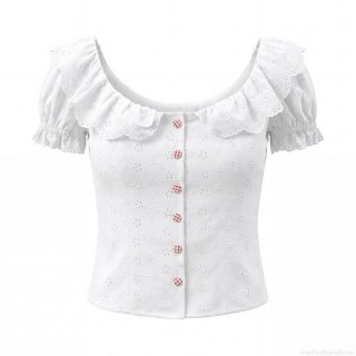 Women French Style White Eyelet Embroidery Cotton Blouse Ruffle Collar Puff Sleeve Slim Fit Top With Gingham Buttons Sweet Elegant Summer Short Sleeve Shirt