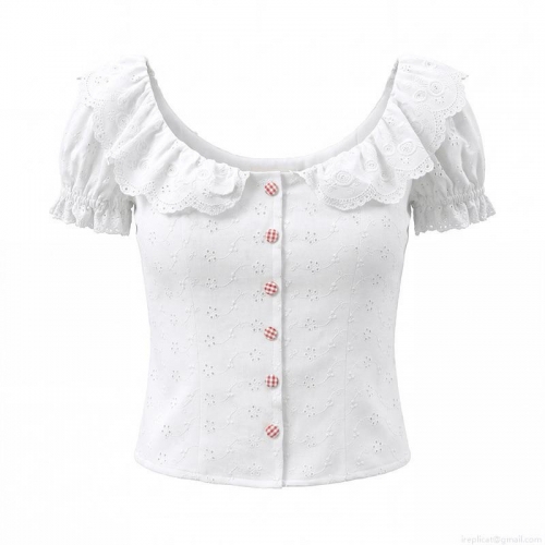 Women French Style White Eyelet Embroidery Cotton Blouse Ruffle Collar Puff Sleeve Slim Fit Top With Gingham Buttons Sweet Elegant Summer Short Sleeve Shirt