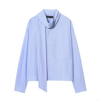 Fashion Women Sky Blue Long Sleeve Shirt With Bow Tie Neck Detail Elegant Solid Color Polyester Blouse For Casual Office Lady Socialite Sweet Fresh Tops