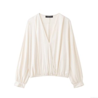 Elegant Women's Satin V-Neck Blouse Long Sleeve Silk-Like Texture Wrap Shirt With Elastic Hem Fashionable Office Party Casual Tops For Ladies Off-White