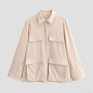 Women Long Sleeve Button Down Shirt Blouse Polyester Solid Color Workwear Utility Pocket Top Elegant Casual Office Ladies Fashion Wear