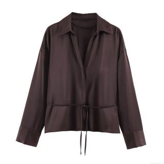 Elegant Women Satin Polyester Long Sleeve Blouse Silk Texture Button Down Shirt With Waist Tie Drawstring For Office Party Casual