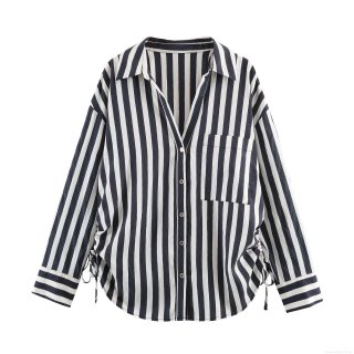 Women's Vertical Striped Shirt Long Sleeve Polyester Button Down Blouse Side Drawstring Ruched Bottom Casual Elegant Office Top for Women