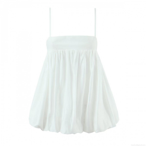 Women's White Spaghetti Strap Cami Top Solid Color Ruched Bubble Hem Sleeveless Summer Streetwear Vest Tencel Polyester Blend Top for Party Casual