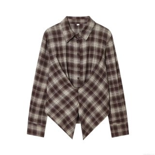 Women's Plaid Long Sleeve Shirt Polyester Asymmetric Hem Casual Single Breasted Blouse Top For Spring Autumn Office School Daily