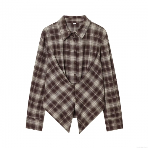 Women's Plaid Long Sleeve Shirt Polyester Asymmetric Hem Casual Single Breasted Blouse Top For Spring Autumn Office School Daily