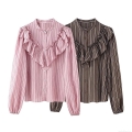 Women's Fashion Vertical Stripe Ruffle Blouse Vintage Long Sleeve Button Down Shirt Casual Office Lady Sweet Polyester Tops