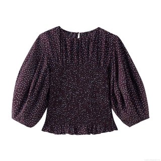 Women Polka Dot Puff Sleeve Smocked Blouse Polyester Casual Loose Round Neck Ruffle Hem Shirt Sweet Elegant Ladies Top For Daily Dating Party