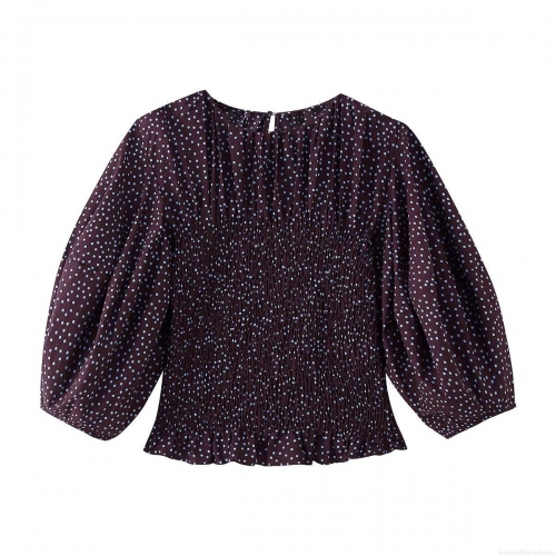 Women Polka Dot Puff Sleeve Smocked Blouse Polyester Casual Loose Round Neck Ruffle Hem Shirt Sweet Elegant Ladies Top For Daily Dating Party