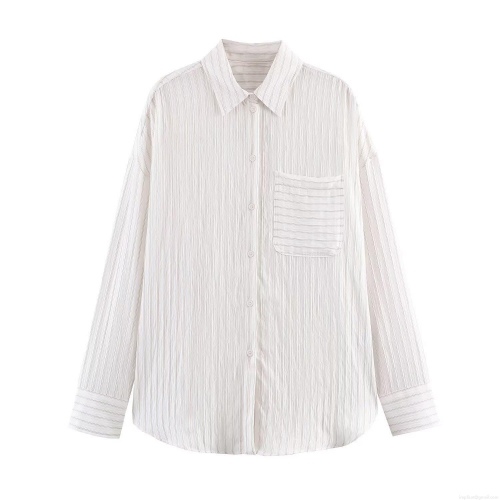 Women's Fashion Striped Blouse Long Sleeve Polyester Shirt With Pocket Single Breasted Drapey Casual Top For Ladies Spring Autumn Wear