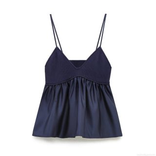 Sexy Women Patchwork Knit Ribbed Satin Camisole Top Sleeveless V-Neck Rib Cami Summer Streetwear Party Clubwear Vest Navy Blue