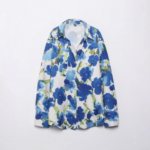 Women Floral Print Long Sleeve Button Down Shirt Elegant Silky Polyester Blouse Casual Turn Down Collar Top for Daily Office Work