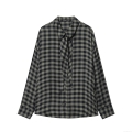 Women's Elegant Pussy-Bow Tie Neck Plaid Blouse Vintage British Style Green Black Check Long Sleeve Button Down Shirt Top For Office Daily Wear