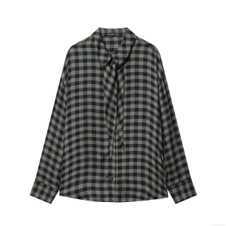 Women's Elegant Pussy-Bow Tie Neck Plaid Blouse Vintage British Style Green Black Check Long Sleeve Button Down Shirt Top For Office Daily Wear