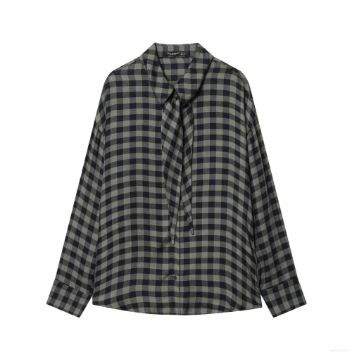 Women's Elegant Pussy-Bow Tie Neck Plaid Blouse Vintage British Style Green Black Check Long Sleeve Button Down Shirt Top For Office Daily Wear