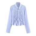 Women Elegant Ruched Front Poplin Shirt Solid Color Long Sleeve Button Up Blouse Slim Fit Office Lady Work Tops Sky Blue