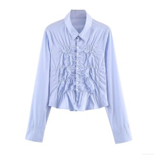 Women Elegant Ruched Front Poplin Shirt Solid Color Long Sleeve Button Up Blouse Slim Fit Office Lady Work Tops Sky Blue
