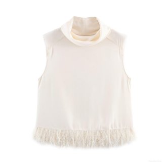 Women's Elegant Mock Neck Sleeveless Satin Top With Feather Fringe Hem Chic Solid Color Blouse For Party Club Evening Sexy Lady Outfits