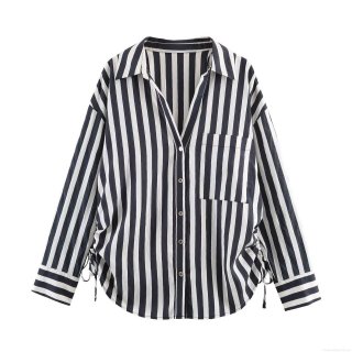 Women's Casual Vertical Striped Long Sleeve Shirt With Side Drawstring Ruched Detail V-Neck Button Down Polyester Blouse For Daily Office Dating Wear