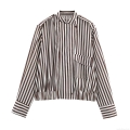 Women Fashion Striped Shirt Jacket Long Sleeve Polyester Stand Collar With Chest Pocket Casual Button Up Top For Daily Commute Office Lady