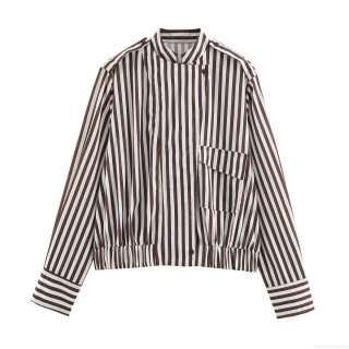 Women Fashion Striped Shirt Jacket Long Sleeve Polyester Stand Collar With Chest Pocket Casual Button Up Top For Daily Commute Office Lady