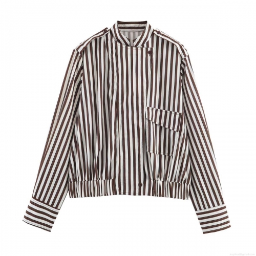 Women Fashion Striped Shirt Jacket Long Sleeve Polyester Stand Collar With Chest Pocket Casual Button Up Top For Daily Commute Office Lady