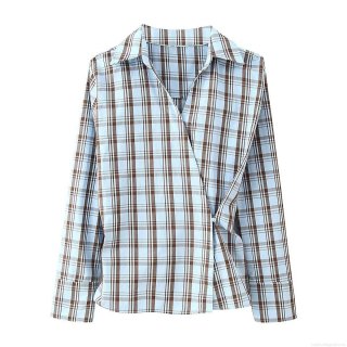 Women's Long Sleeve Plaid Blouse Elegant Cross Front V-Neck Tie Detail Casual Polyester Shirt Classic Blue Brown Grid Pattern Top For Women