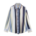 Women's Striped Satin Blouse Long Sleeve Button Down Shirt Vertical Multicolor Stripes Casual Office Work Top Elegant Ladies Apparel