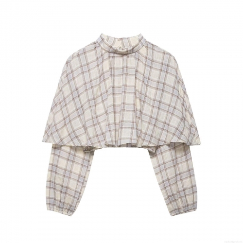 Women's Plaid Layered Crop Top High Neck Long Sleeve Cape Overlay Blouse 100% Polyester Woven Check Pattern Streetwear Casual Autumn Top