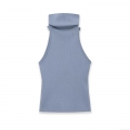 Women's Ribbed Knit Tank Top High Neck Sleeveless Slim Fit Morandi Blue Pullover Top For Casual Daily Wear Fashion Sleeveless Knitwear