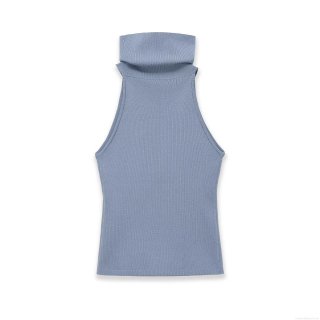 Women's Ribbed Knit Tank Top High Neck Sleeveless Slim Fit Morandi Blue Pullover Top For Casual Daily Wear Fashion Sleeveless Knitwear