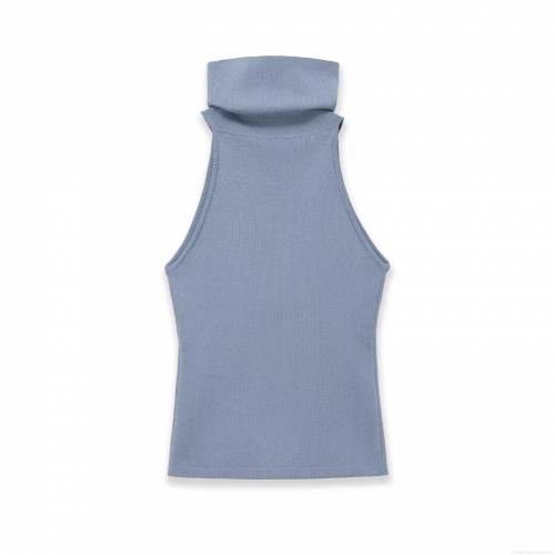 Women's Ribbed Knit Tank Top High Neck Sleeveless Slim Fit Morandi Blue Pullover Top For Casual Daily Wear Fashion Sleeveless Knitwear