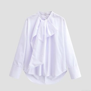 Women's Elegant Solid Color Long Sleeve Blouse With Large Bow Tie Stand Collar 100% Polyester Casual Office Work Shirt For Ladies