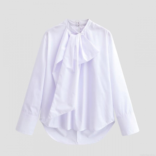Women's Elegant Solid Color Long Sleeve Blouse With Large Bow Tie Stand Collar 100% Polyester Casual Office Work Shirt For Ladies
