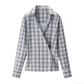 Women's Elegant Plaid Poplin Shirt Double Breasted Cross Front Long Sleeve Woven Polyester Blend Blouse Fashion Sweet Fresh Tops For Daily Wear Lady