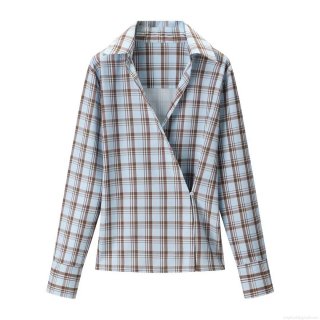 Women's Elegant Plaid Poplin Shirt Double Breasted Cross Front Long Sleeve Woven Polyester Blend Blouse Fashion Sweet Fresh Tops For Daily Wear Lady