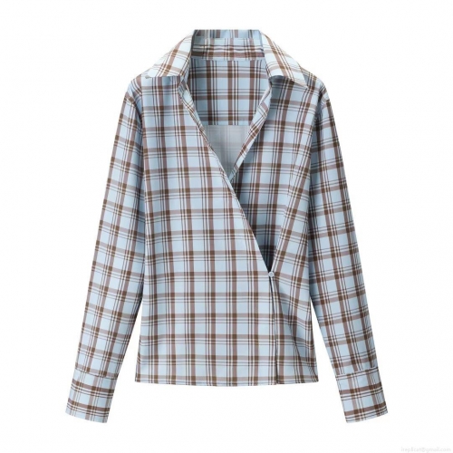 Women's Elegant Plaid Poplin Shirt Double Breasted Cross Front Long Sleeve Woven Polyester Blend Blouse Fashion Sweet Fresh Tops For Daily Wear Lady